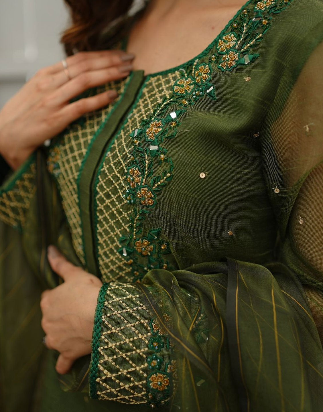 Amna Ismail 3 Piece Mehndi Green Khaddi Net Dress