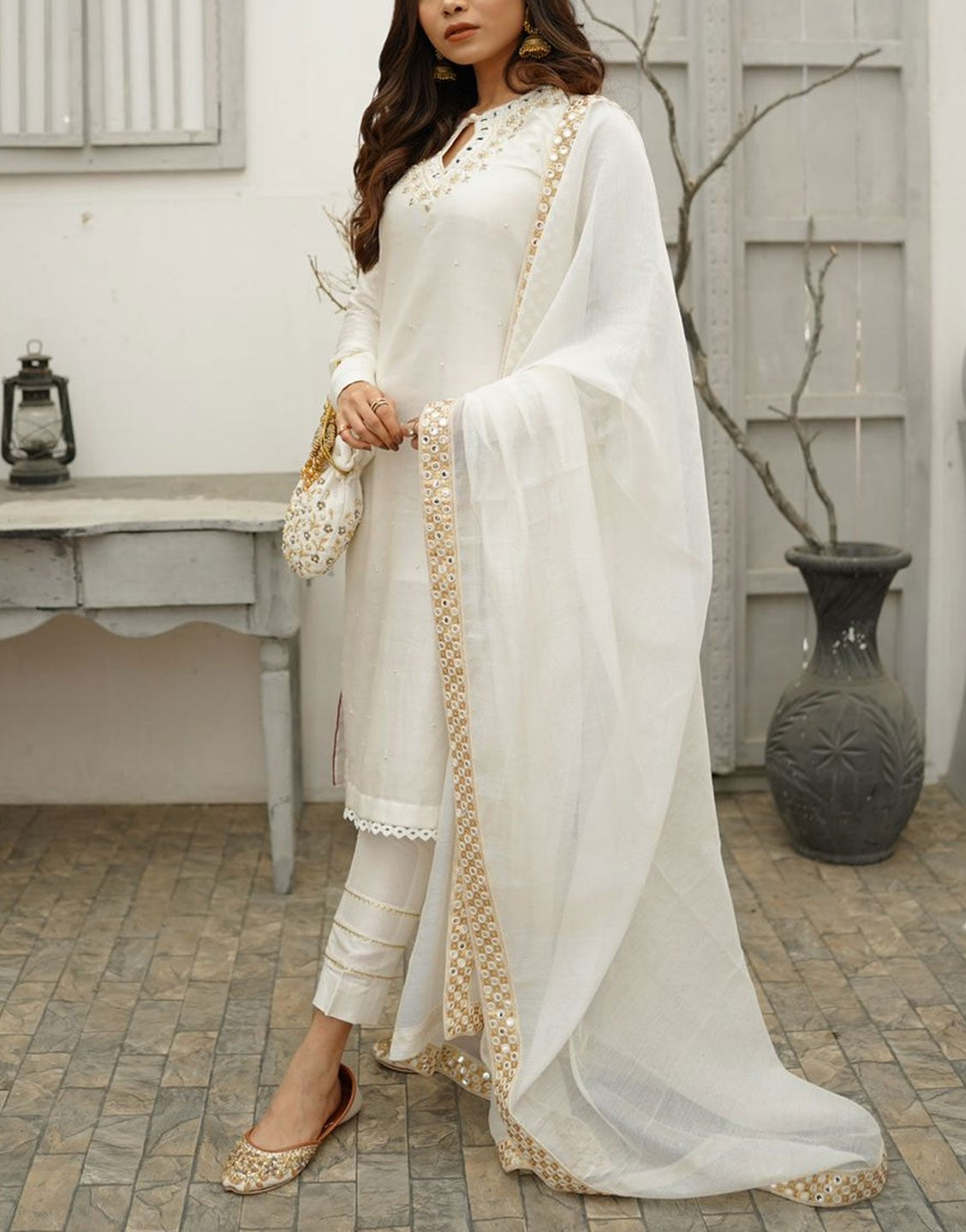 Amna Ismail 3 Piece White Cotton Net Dhabka EID Dress
