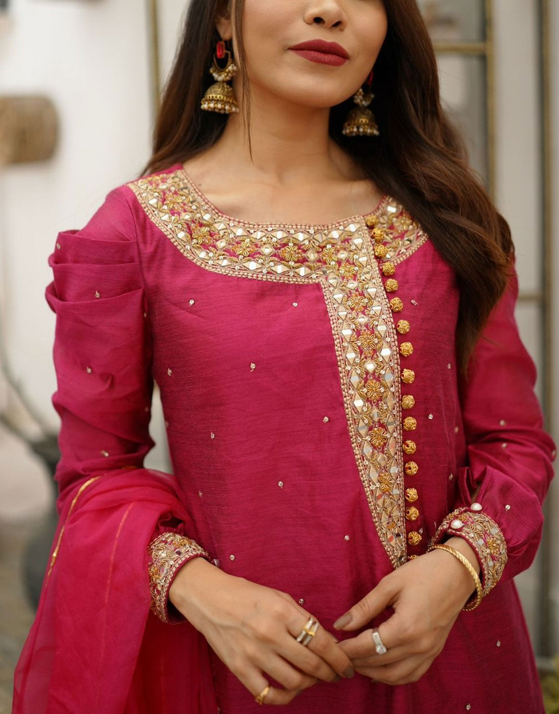 Amna Ismail 3 Pcs Stitched Magenta Loom EID Net Dress
