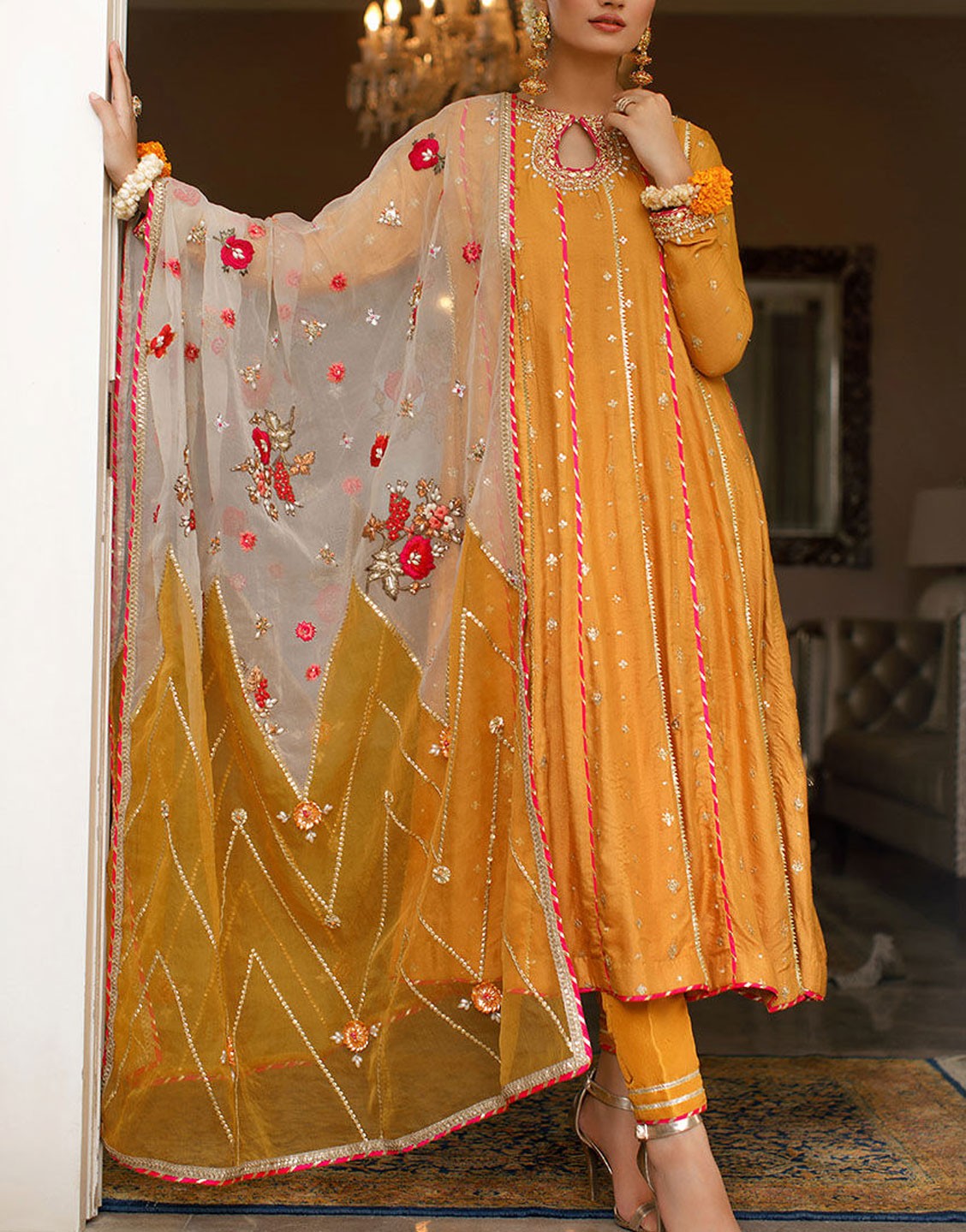 Deepak Perwani Luxury Khaadi Net Mehndi Dress | ANNE KTD3554