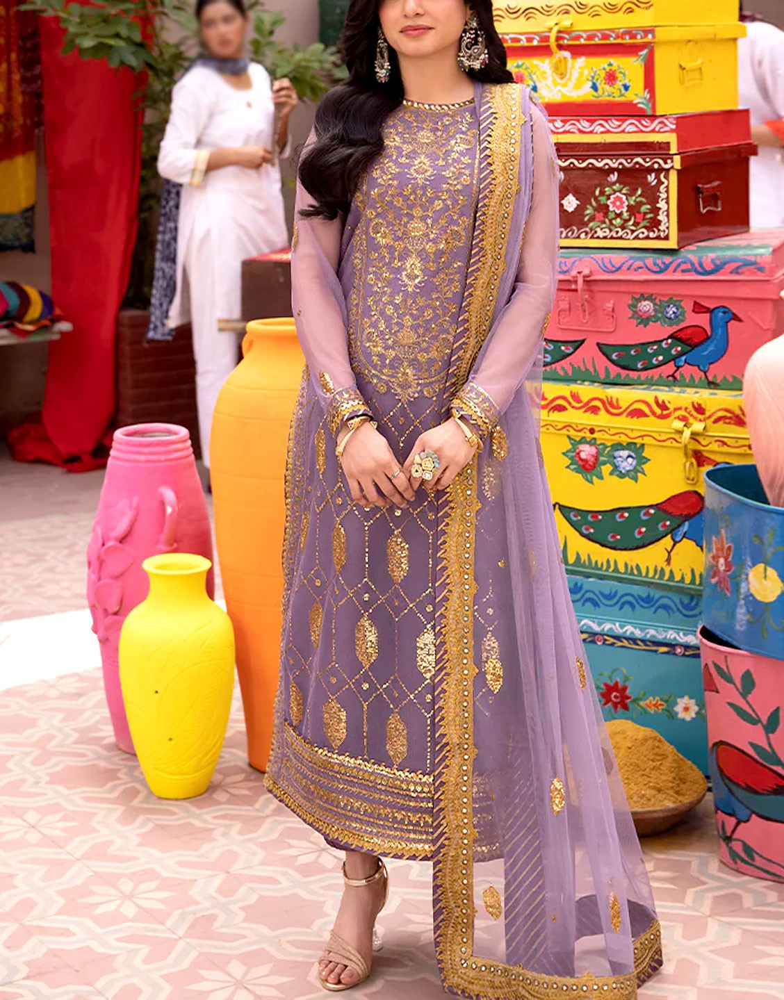 Heavy Embroidered Net Party Wear Dress 2024 with Silk Trouser