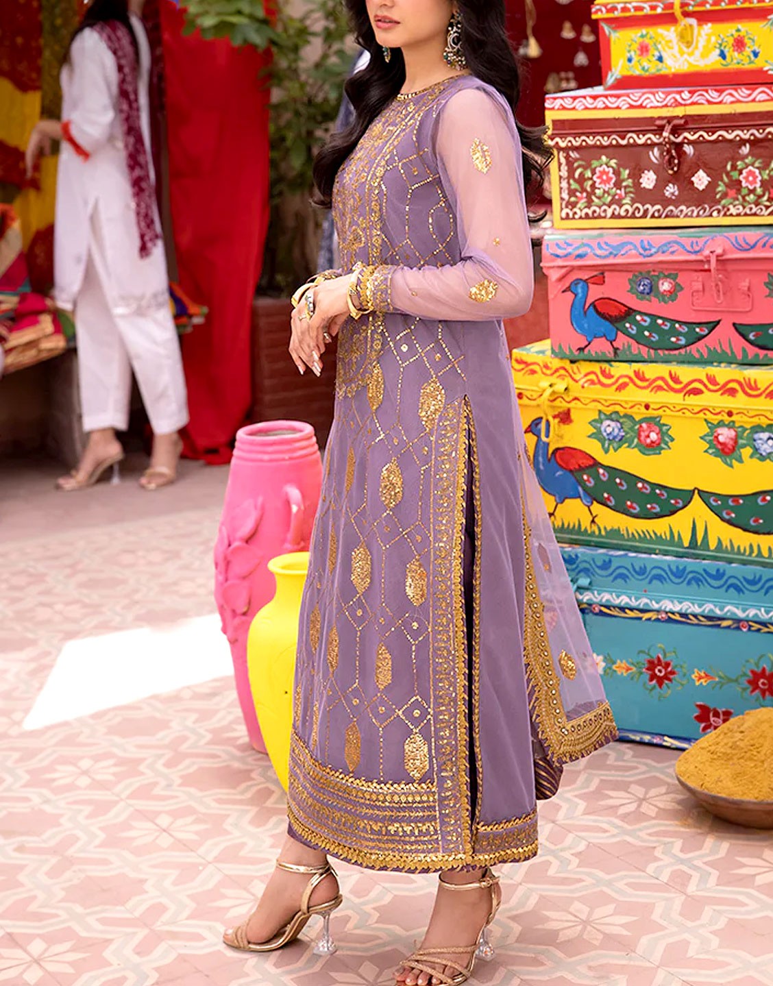 Heavy Embroidered Net Party Wear Dress with Silk Trouser