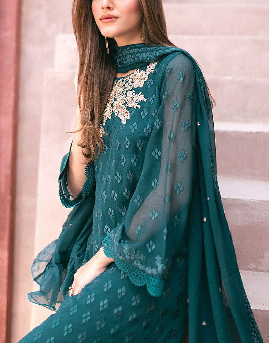 Elegant Embroidered Chiffon Party Wear Dress