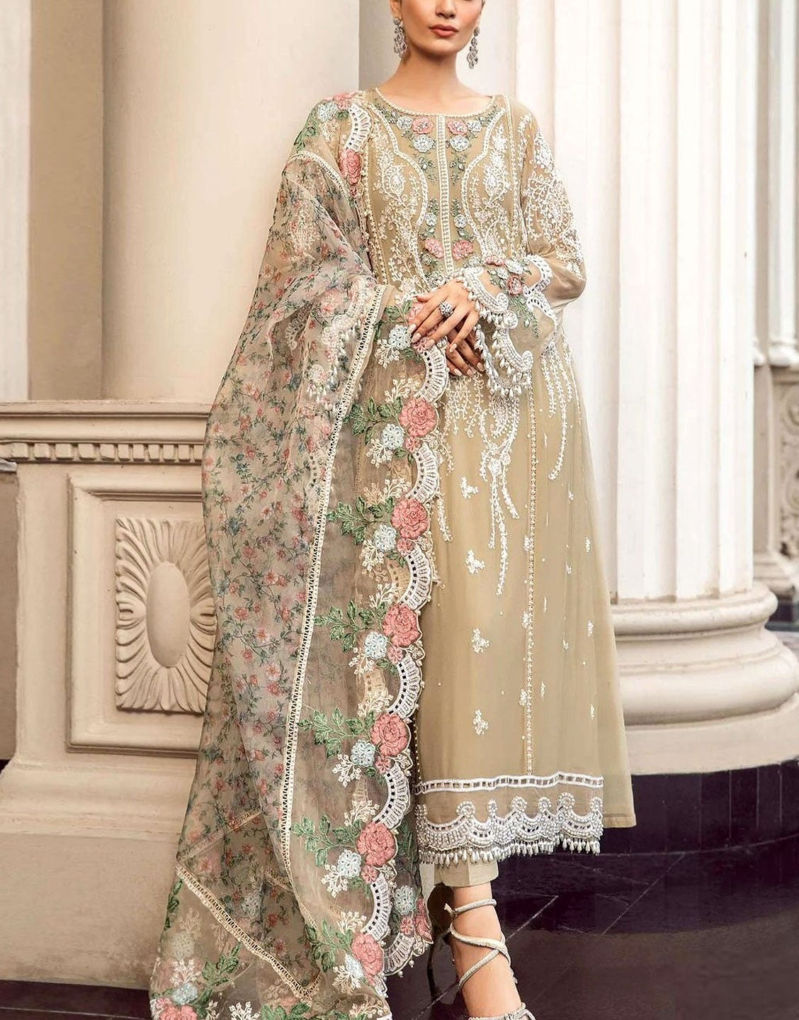 Heavy Embroidered Chiffon Wedding Dress with Emb. Organza Dupatta