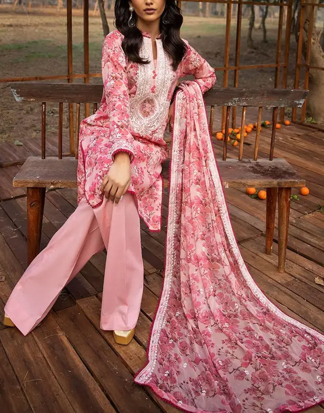 Gul Ahmed 3 PC Printed Lawn Dress with Emb. Chiffon Dupatta | BCT-42003