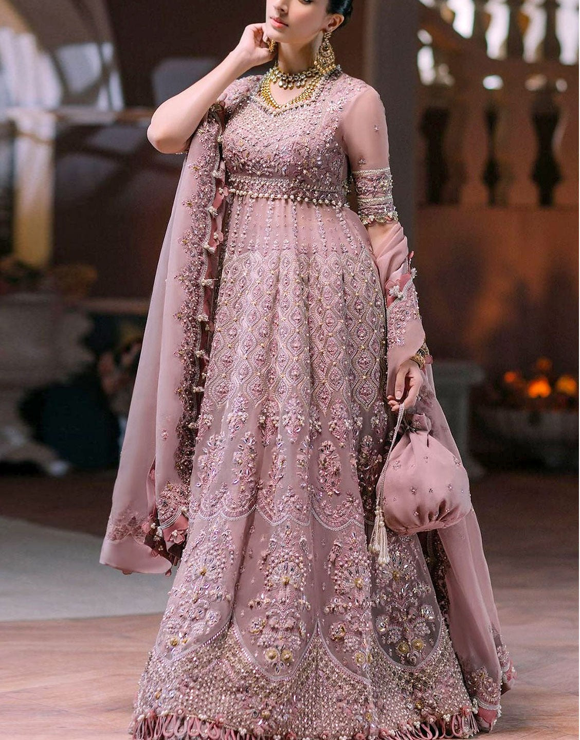 Intricate Embellished & Embroidered Mauve Organza Maxi Dress with 12 Kali  Style – Best Price Online in Pakistan