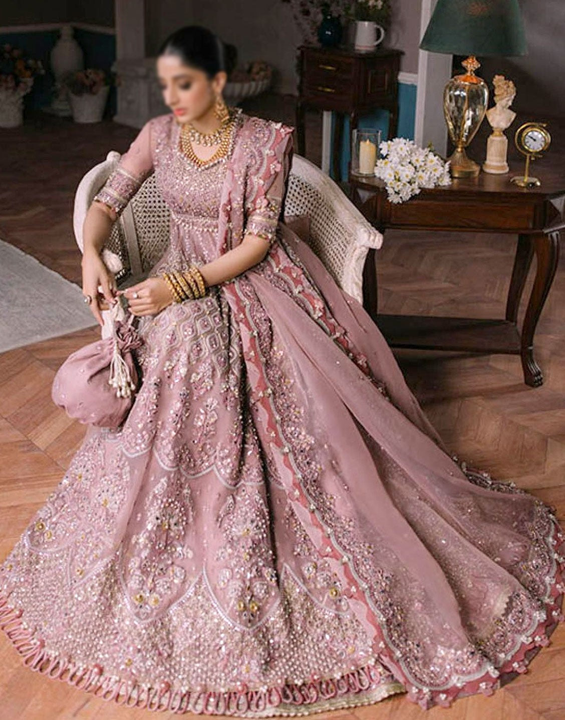 Intricate Embellished & Embroidered Mauve Organza Maxi Dress with 12 Kali Style