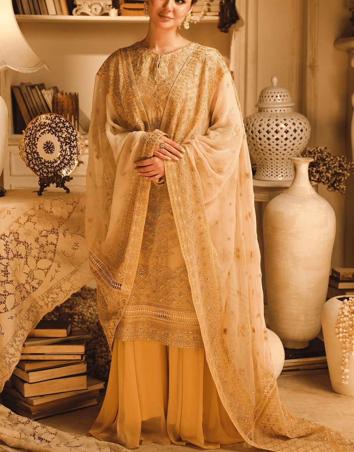 HSY Luxury Embroidered Chiffon Wedding Dress | Hoor