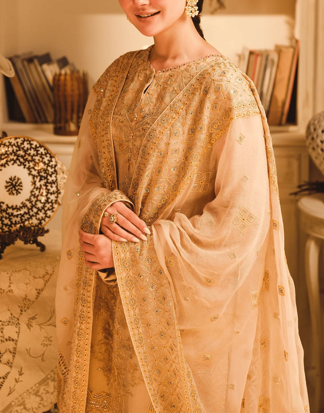 HSY Luxury Embroidered Chiffon Wedding Dress | Hoor