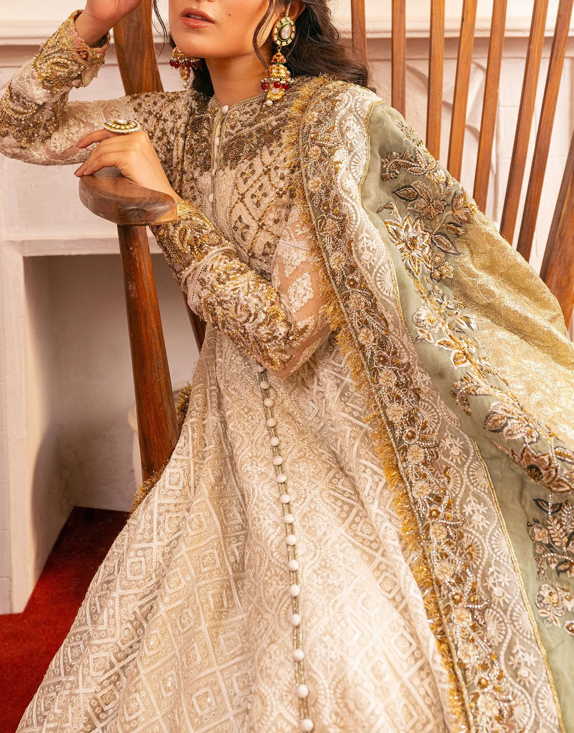 HSY Luxury Pearl White Pishwas Bridal Maxi Dress | Zeenat