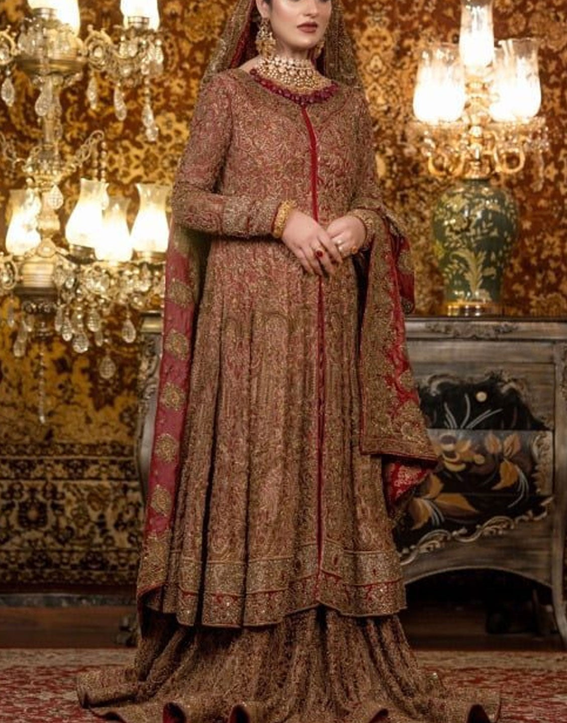 HSY Traditional Embroidered Bridal Dress with a Handcrafted Shawl