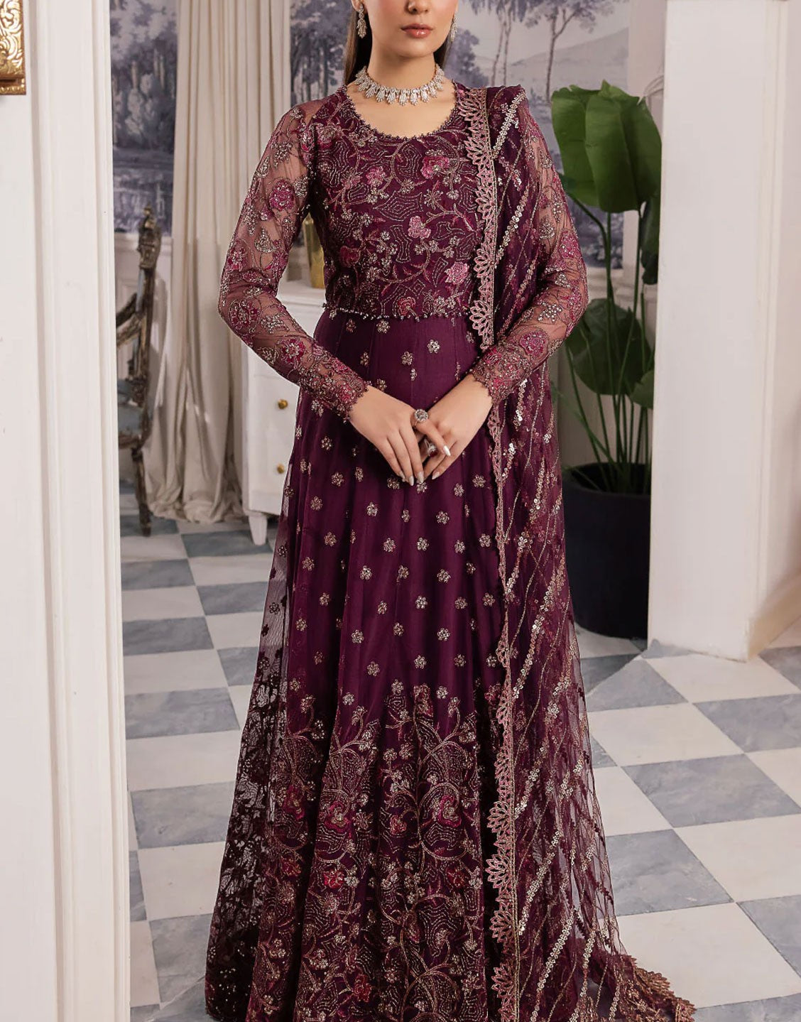 Iznik Luxury Heavy Embroidered Party Wear Maxi Dress | CC-37 Aida