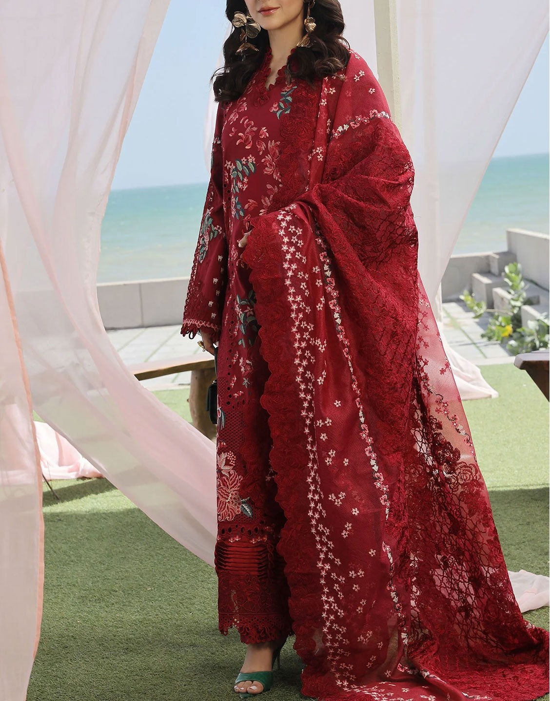 Maryam Hussain Luxury Embroidered EID Lawn Dress | Crimson L24-06