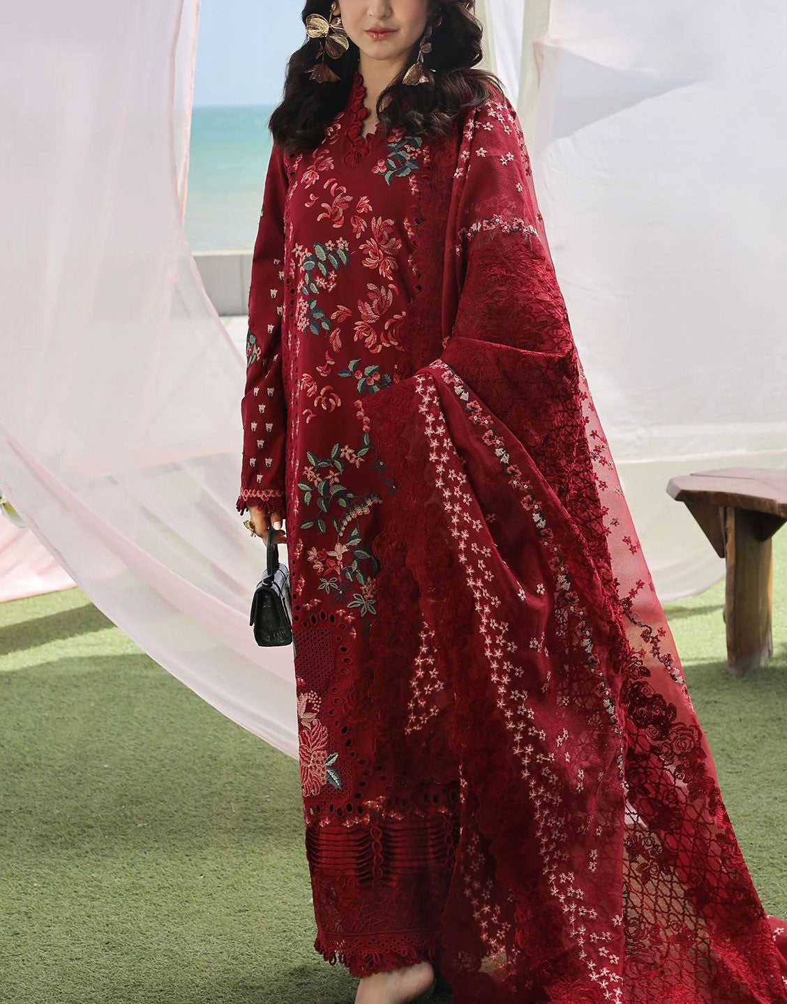 Maryam Hussain Luxury Embroidered EID Lawn Dress | Crimson L24-06