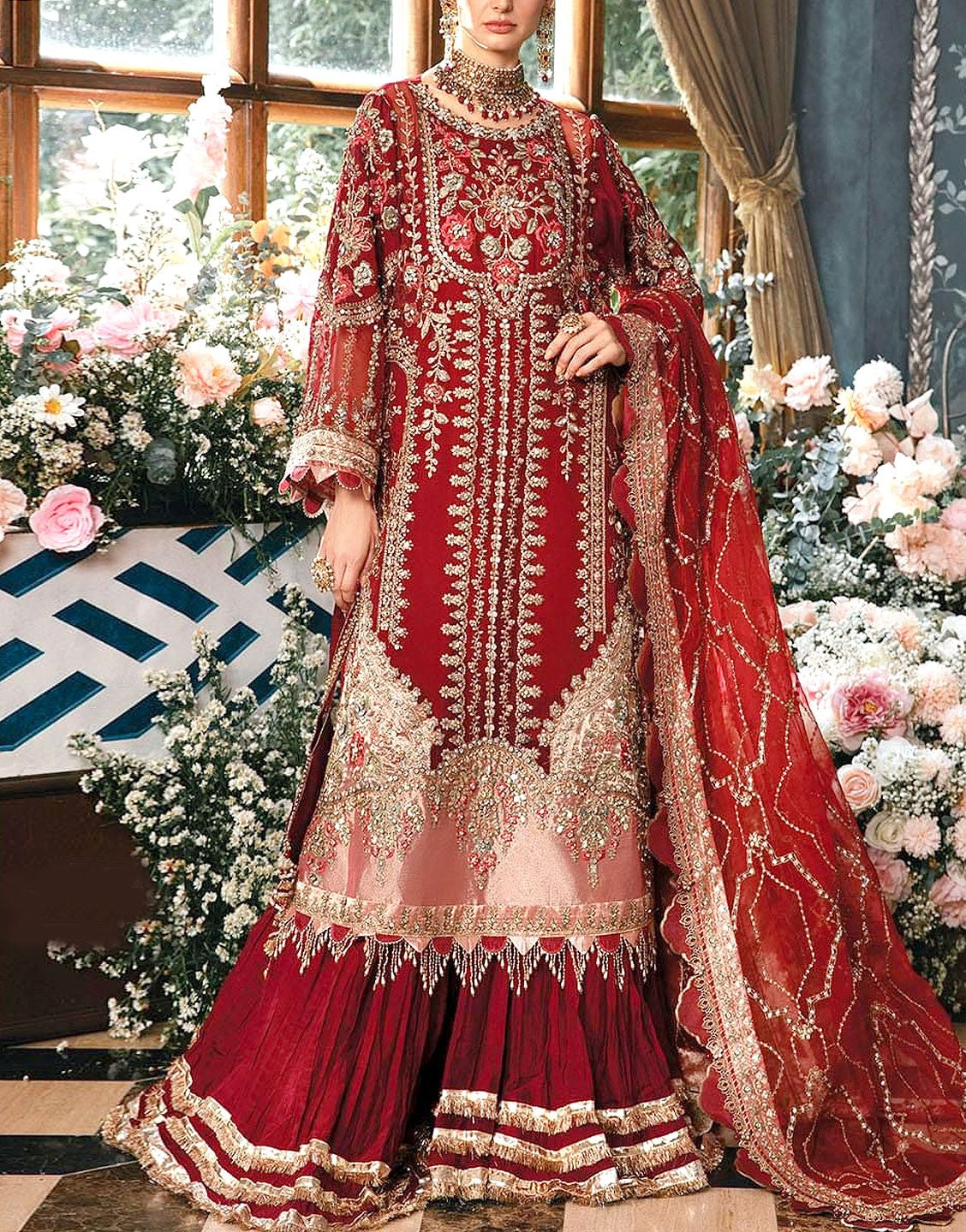 Glamorous Embroidered Organza Red Bridal Dress with Rich Embellishments –  Best Price Online in Pakistan