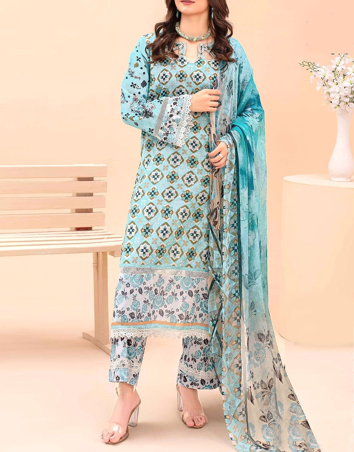 All-Over Digital Print Linen Dress with Linen Dupatta (DZ17594)