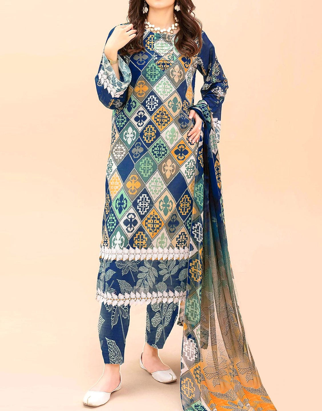 All-Over Digital Print Woolen Linen Dress with Linen Dupatta
