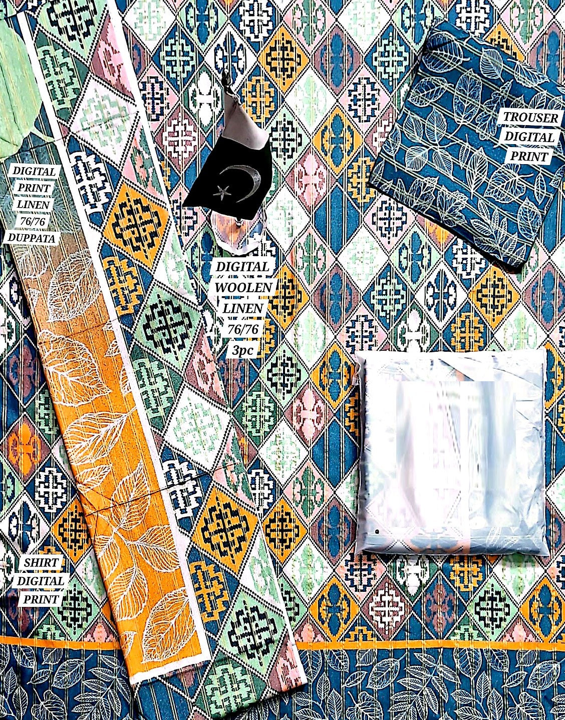 All-Over Digital Print Woolen Linen Dress with Linen Dupatta