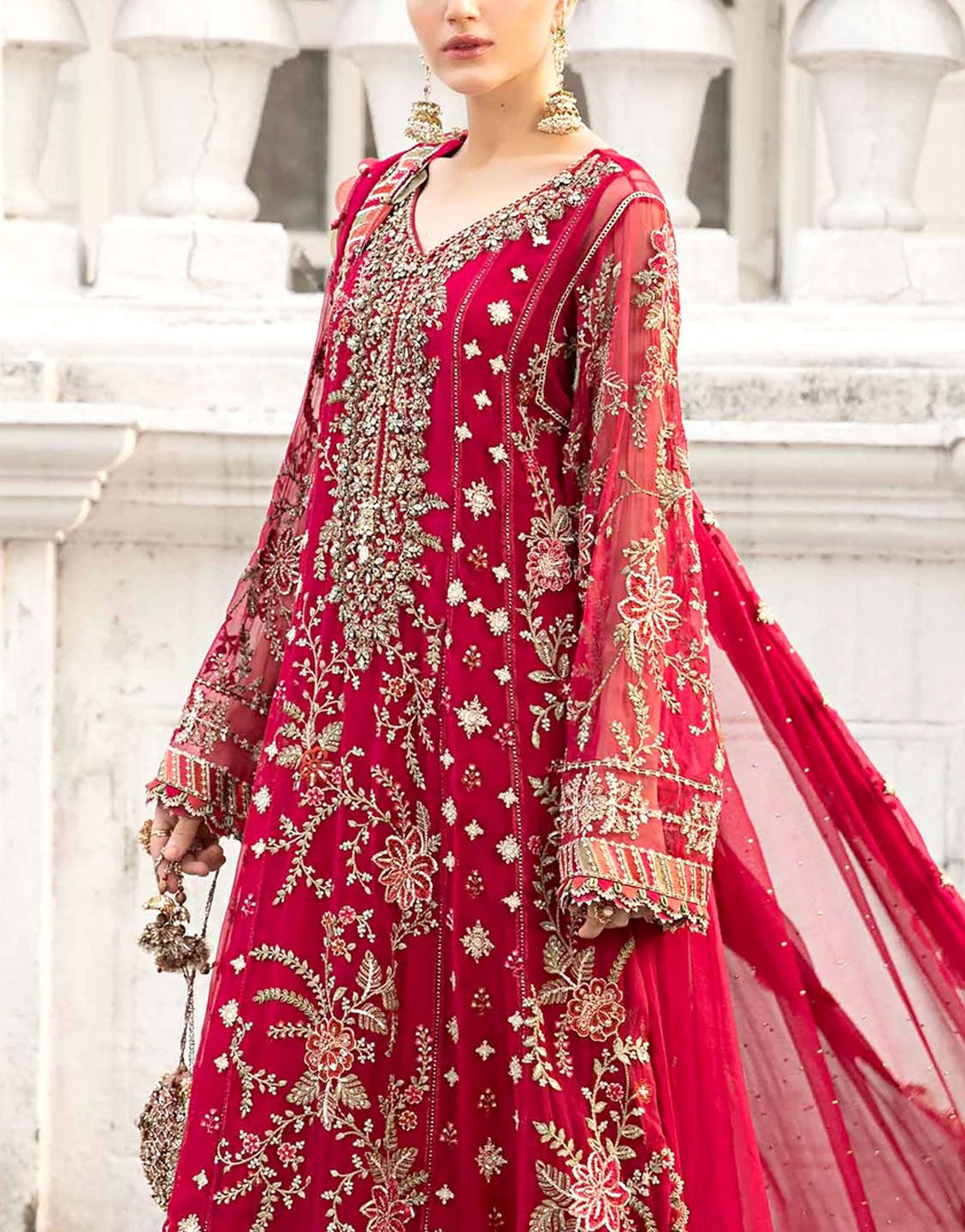 Luxury Embroidered Fluorescent Magenta Chiffon Wedding Dress with Heavily Embellished Neckline