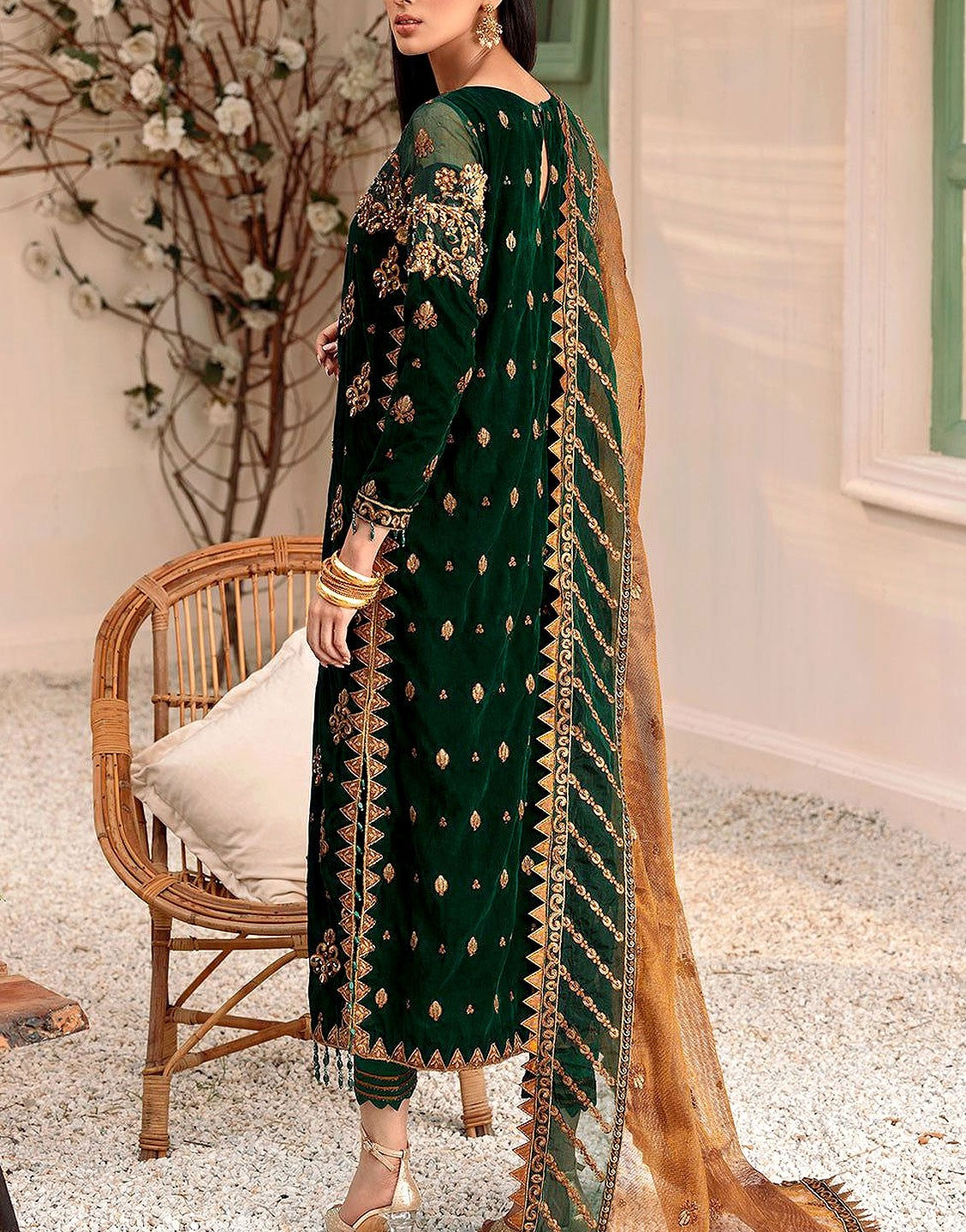 Adorable Heavy Embroidered Bottle Green Velvet Wedding Dress with Emb. Net Dupatta