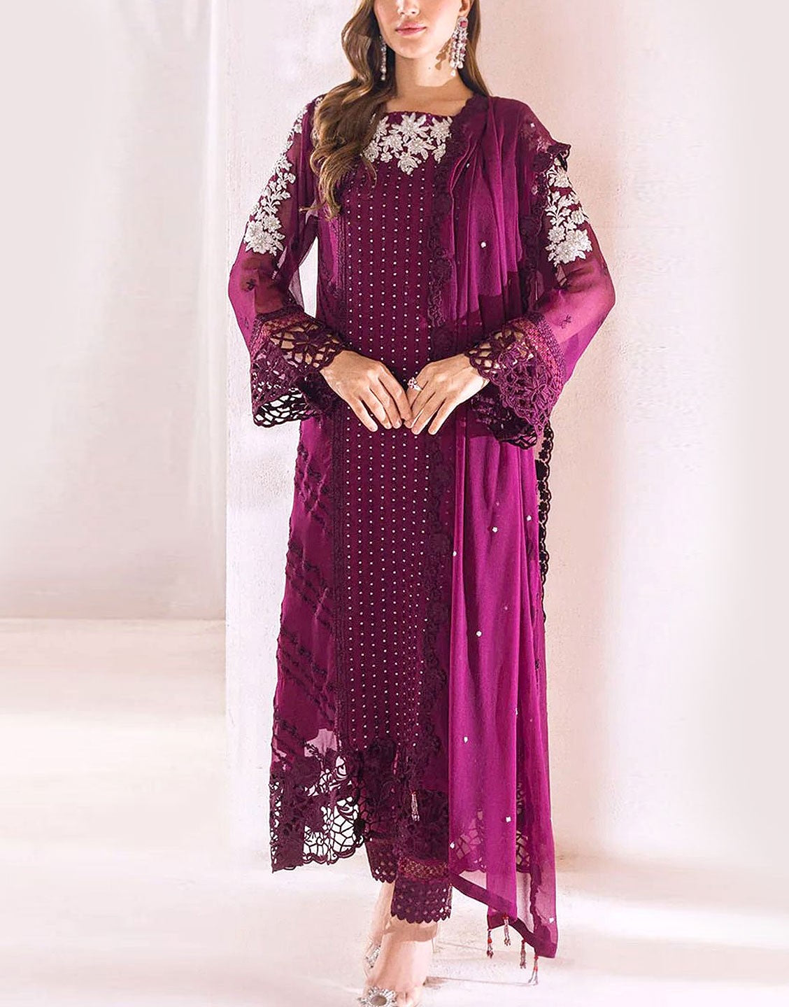Trendy Embroidered Chiffon Party Wear Dress with Inner