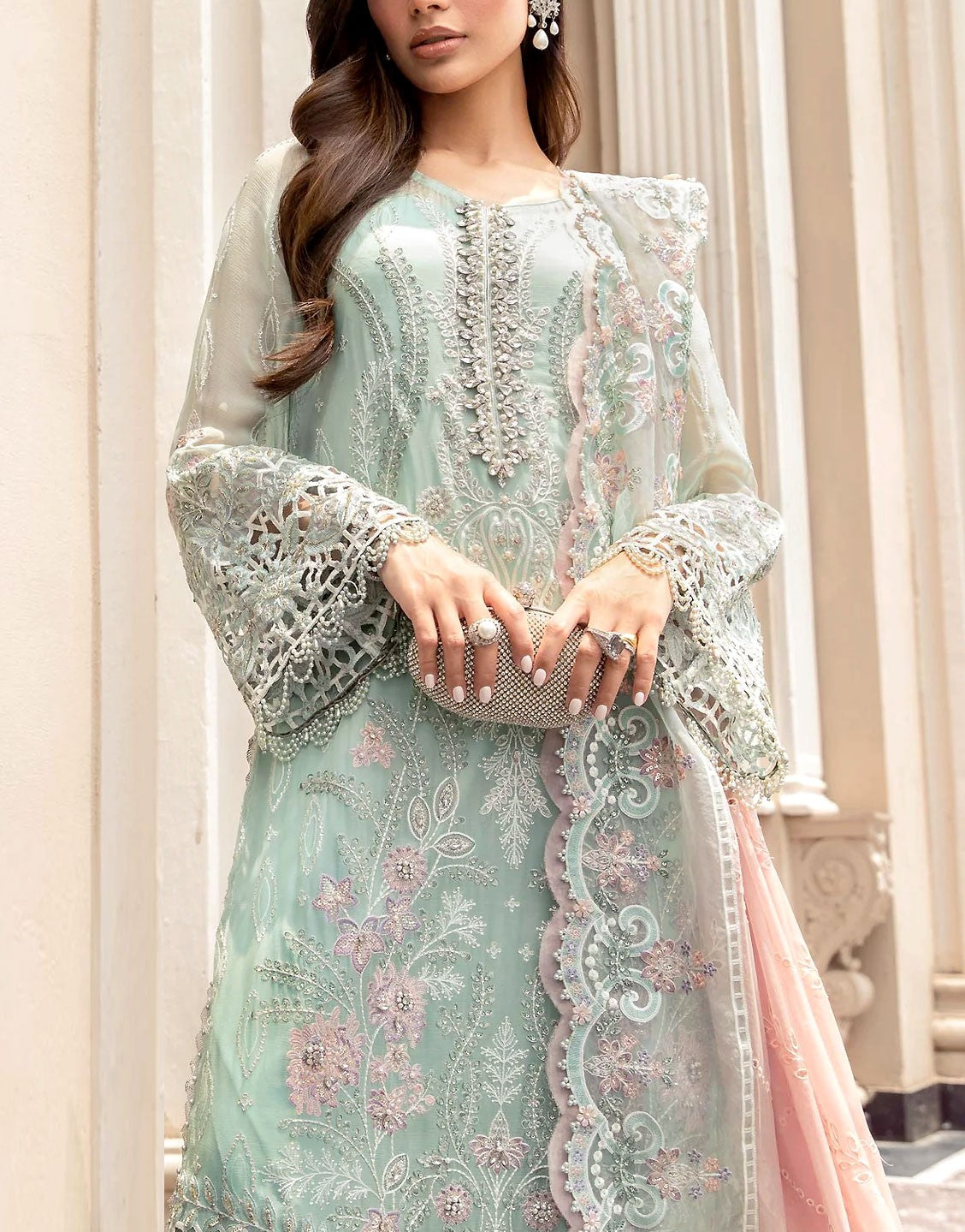 Glamorous Embroidered & Cutwork Mint Green Chiffon Wedding Dress with Rich Embellishments