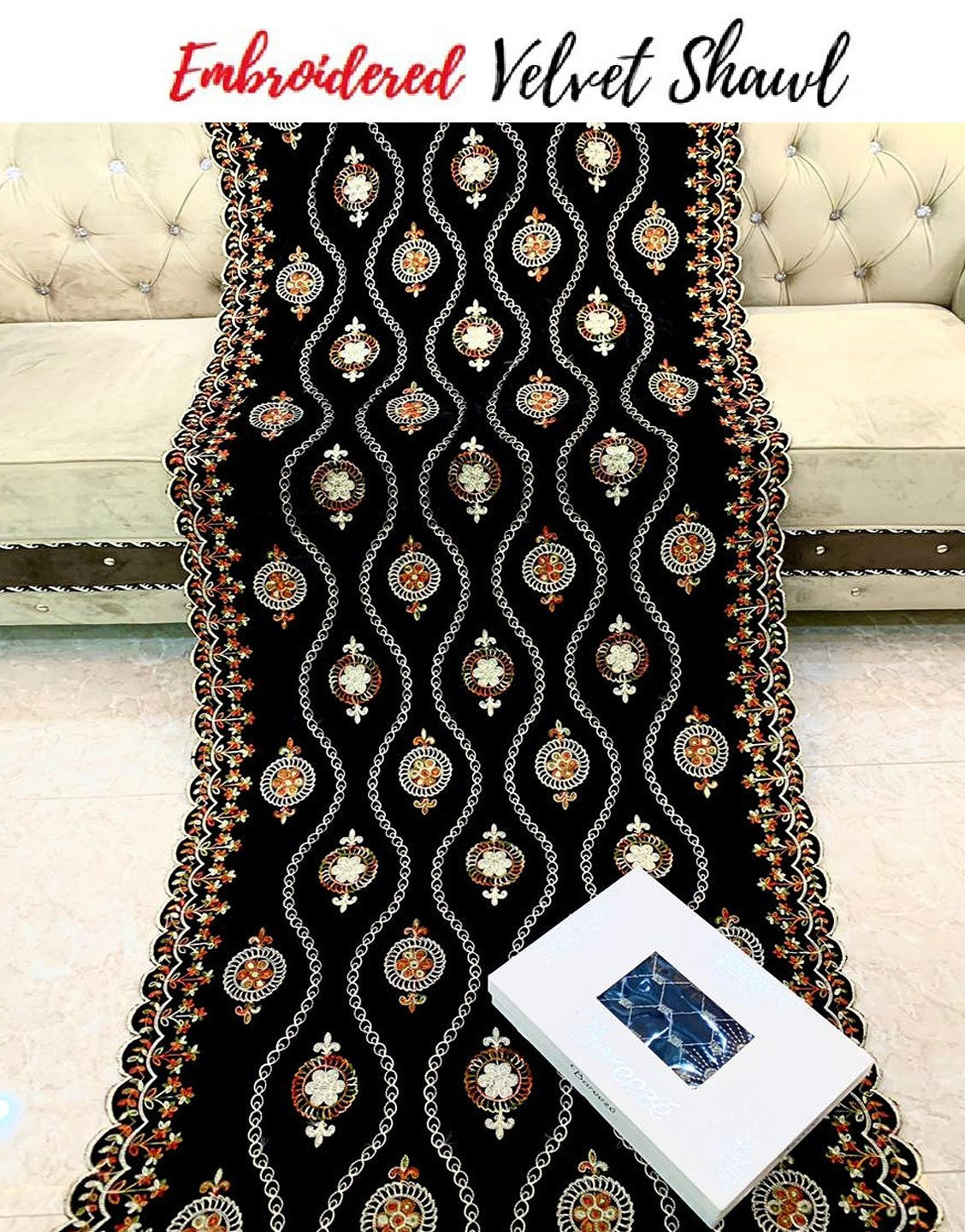 Heavy Embroidered Black Bridal Velvet Shawl