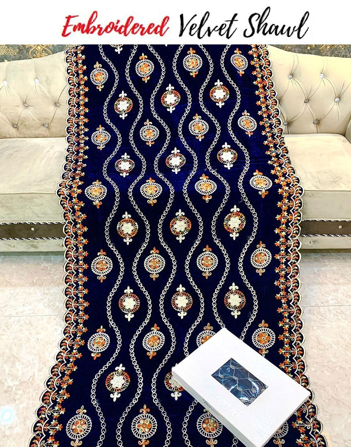 Heavy Embroidered Navy Blue Bridal Velvet Shawl