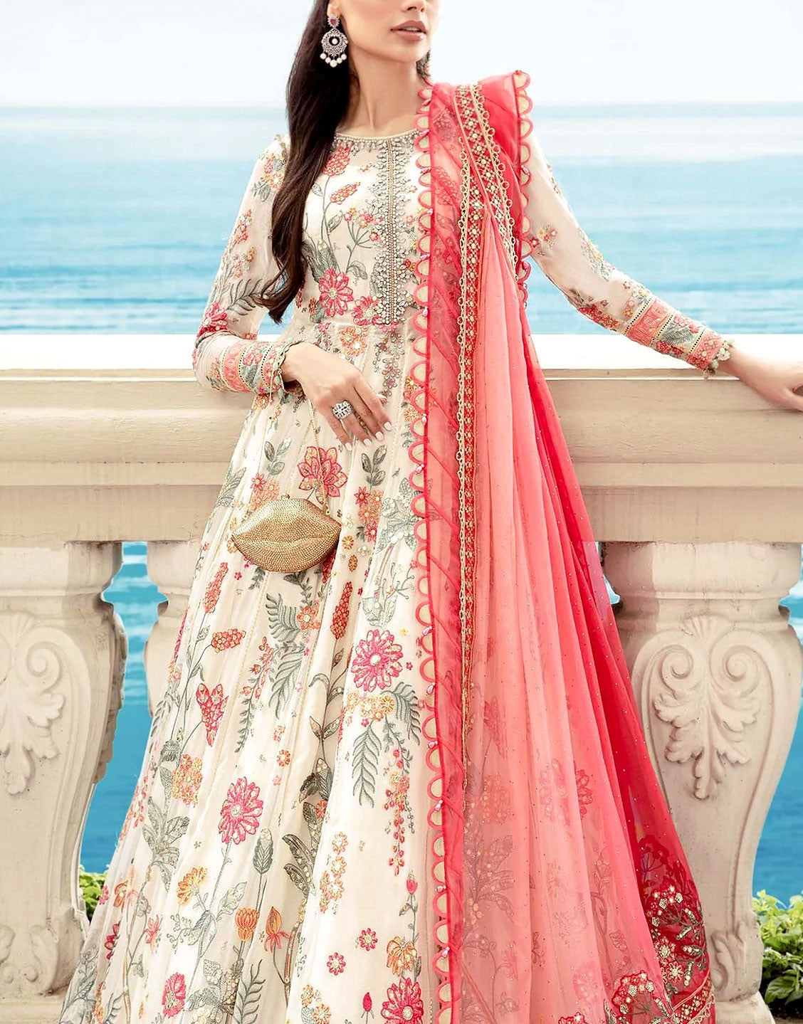 Luxury Heavy Embroidered White Chiffon Maxi Dress