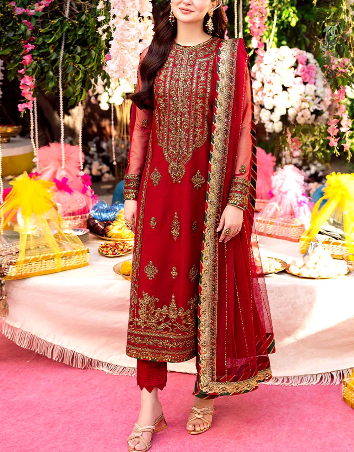 Fancy Embroidered Red Chiffon Party Wear Dress with Chiffon Dupatta