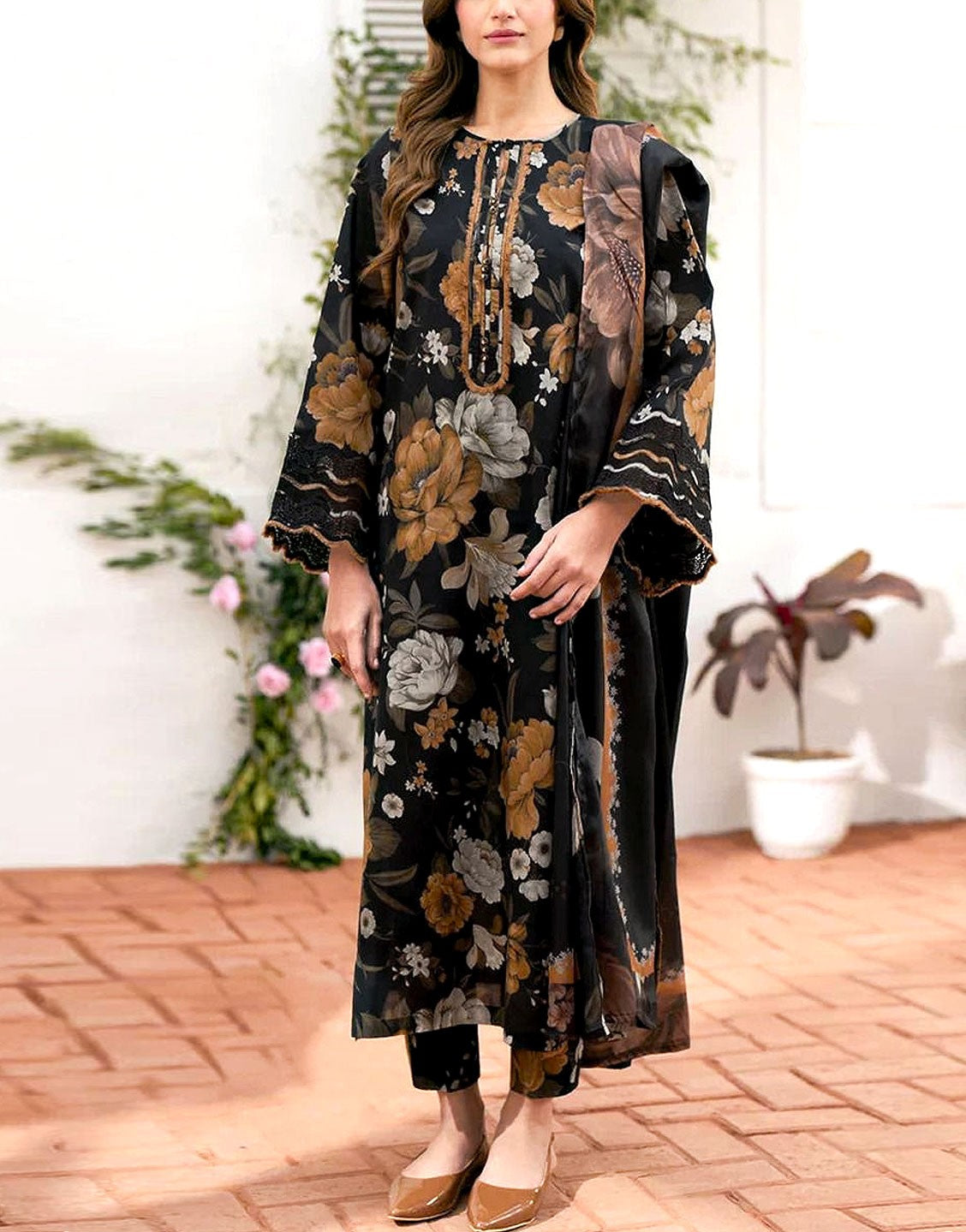 All-Over Digital Print Dhanak Dress with Dhanak Shawl