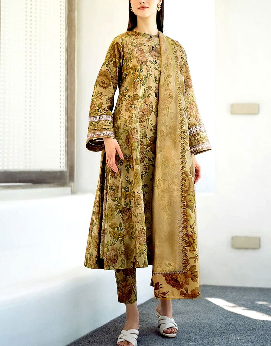All-Over Digital Print Dhanak Dress with Dhanak Shawl