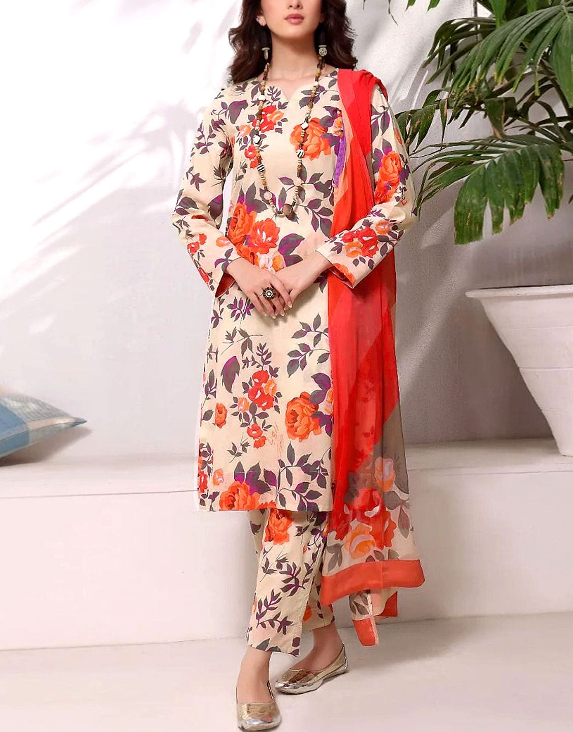 printed linen dress designs in pakistan Simple Linen Pakistani Lelan Dress Design IB Bonanza All-Over Digital Print 3-Piece Linen Suit With Linen