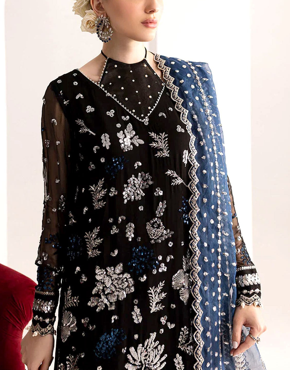 Handwork Heavy Embroidered Black Chiffon Wedding Dress