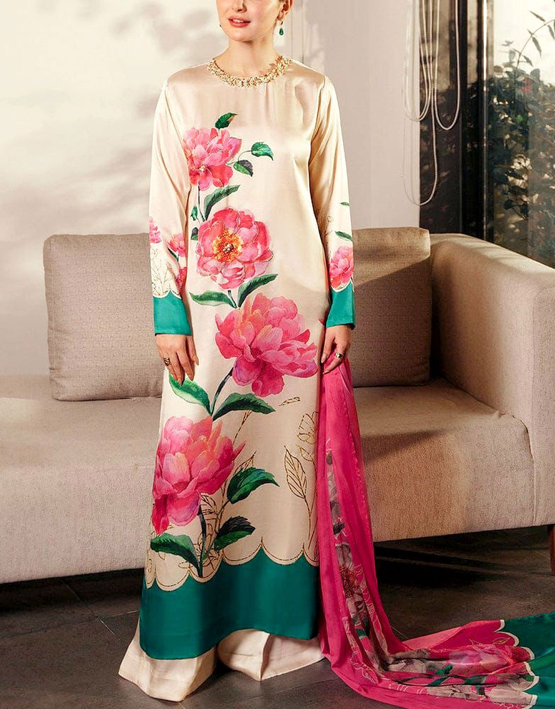 Trendy Digital Print Embroidered Silk Party Wear Dress with Silk Dupatta