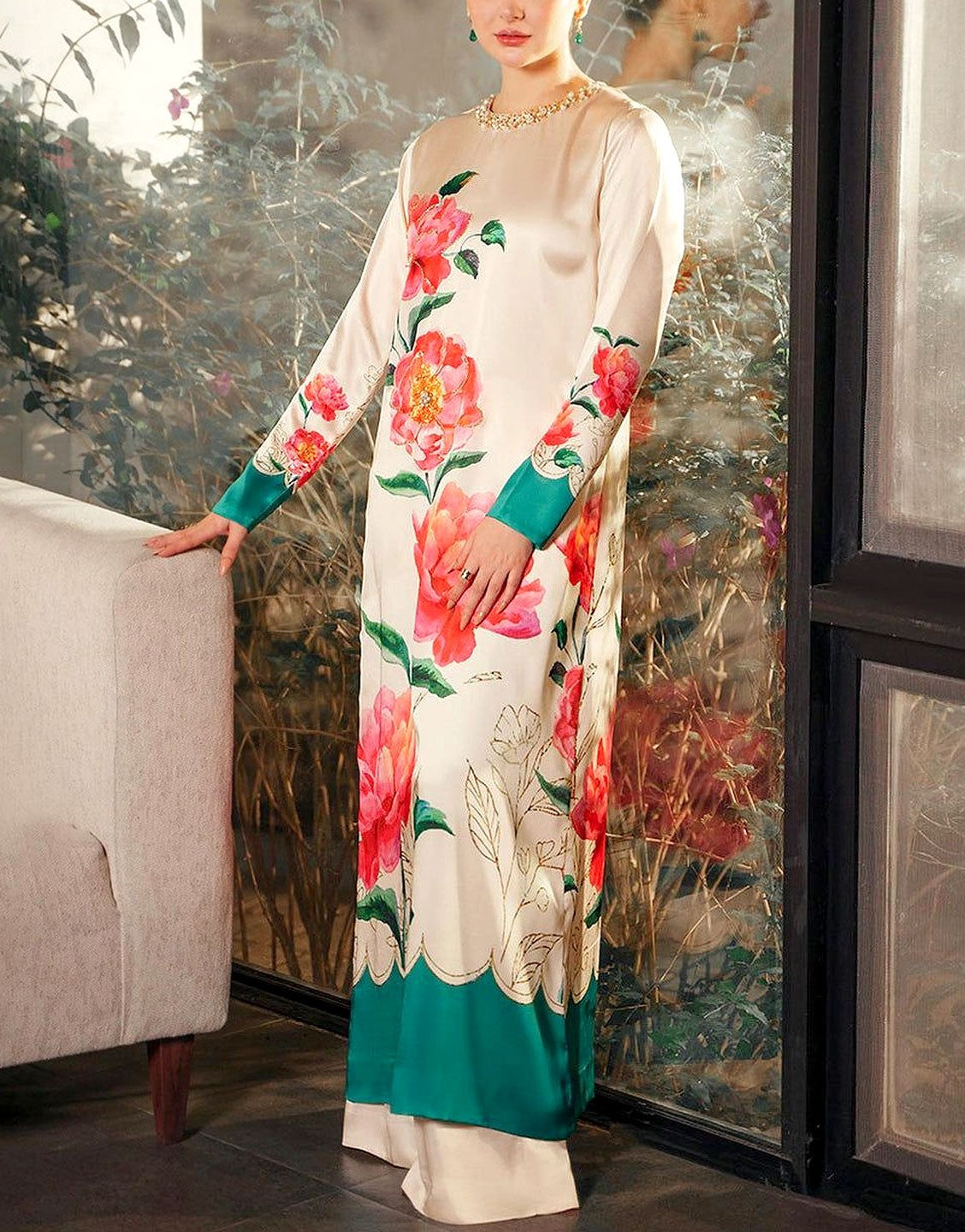 Trendy Digital Print Embroidered Silk Party Wear Dress with Silk Dupatta