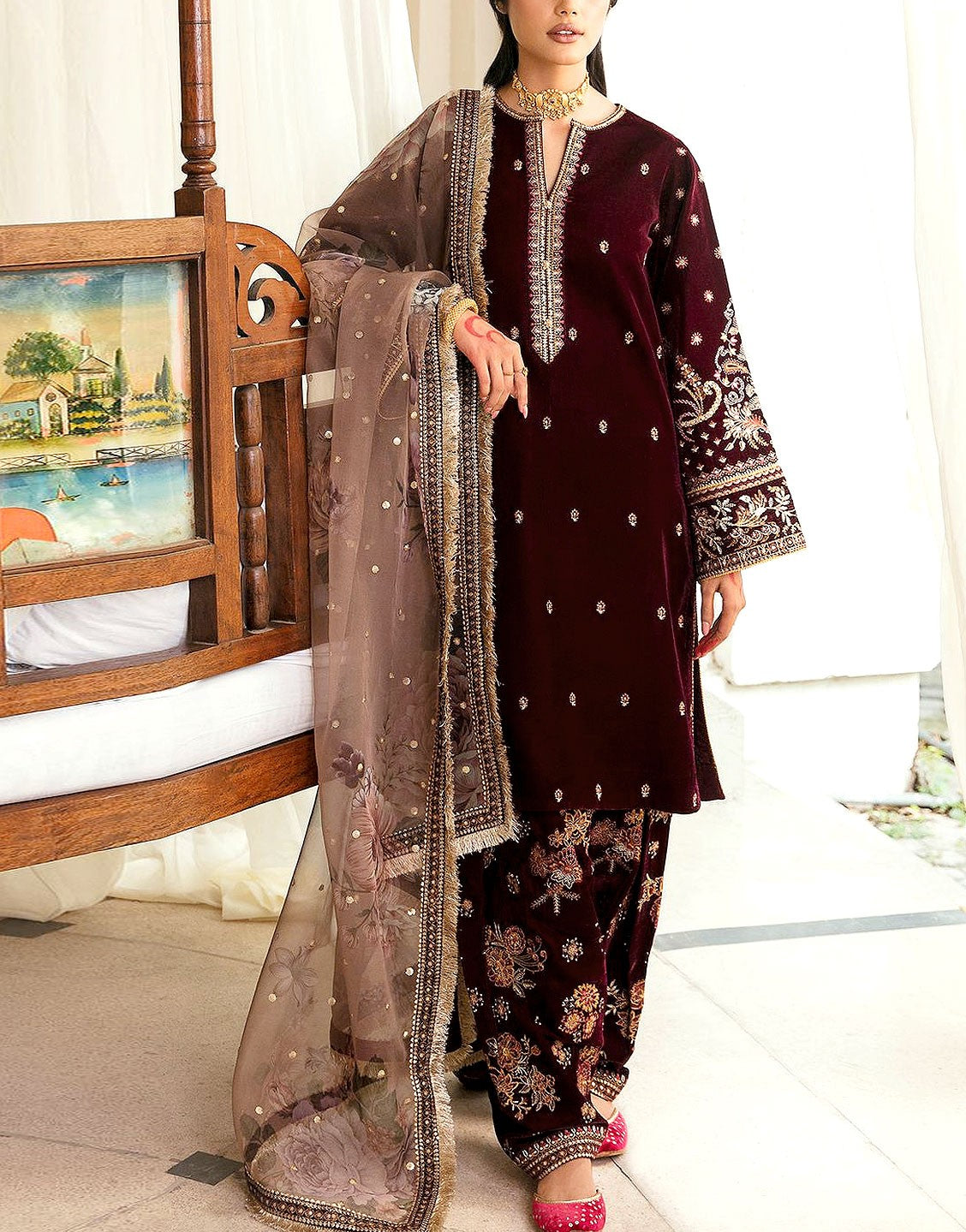 Heavy Embroidered Velvet Party Wear Dress with Emb. Organza Dupatta