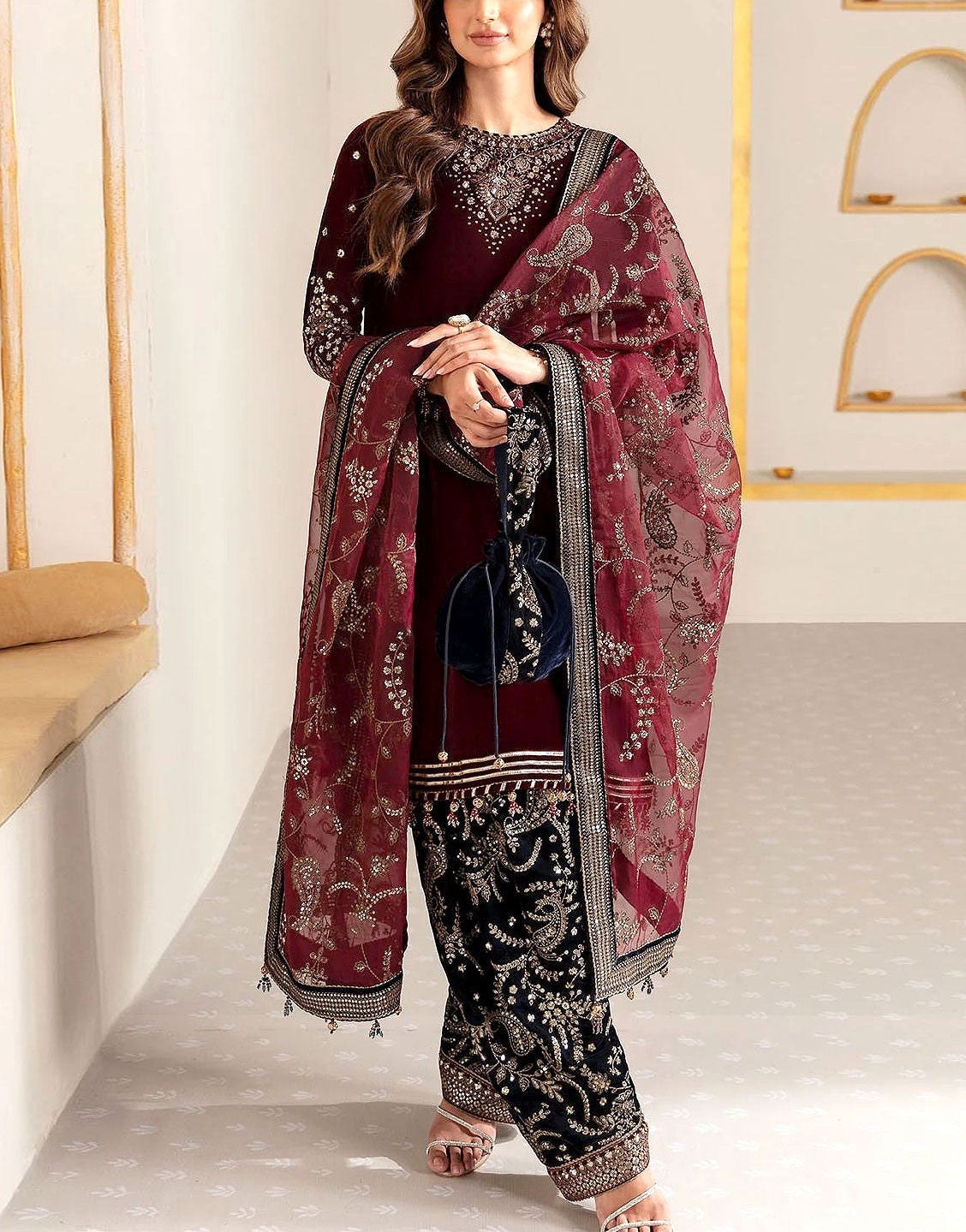 Trendy Embroidered Velvet Party Wear Dress with Silk Trouser