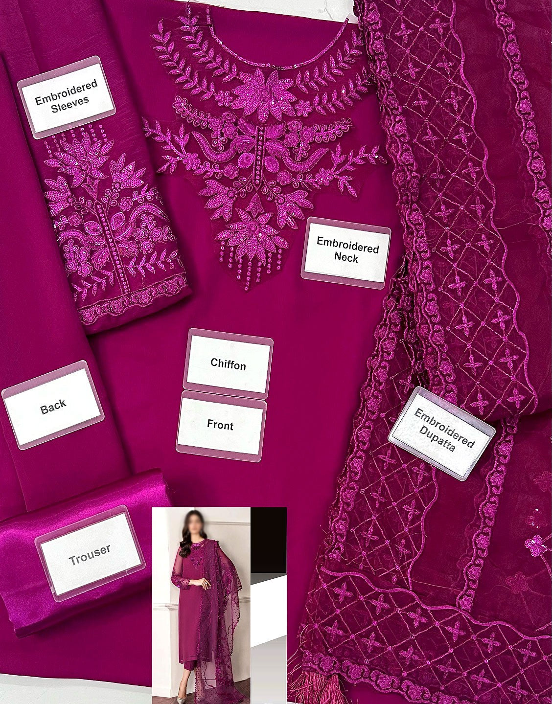 Fancy Embroidered Chiffon Party Wear Dress with Silk Trouser