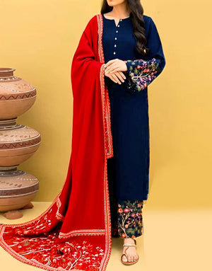 Elegant Embroidered Dhanak Suit 2024 with Dhanak Shawl