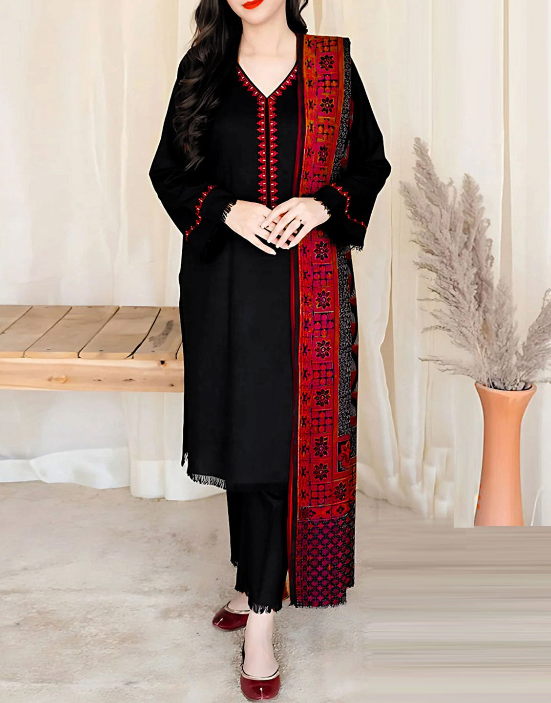 Elegant Sequins Embroidered Dhanak Dress 2024 with Wool Shawl