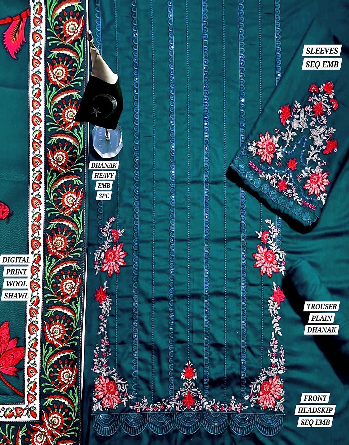 Heavy Embroidered Dhanak Dress with Wool Shawl