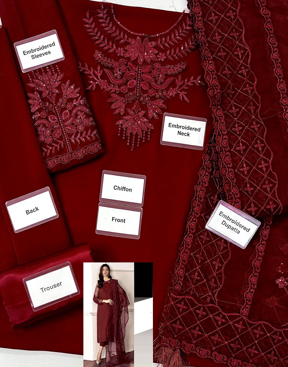 Affordable Fancy Embroidered Maroon Chiffon Party Dress with Silk Trouser