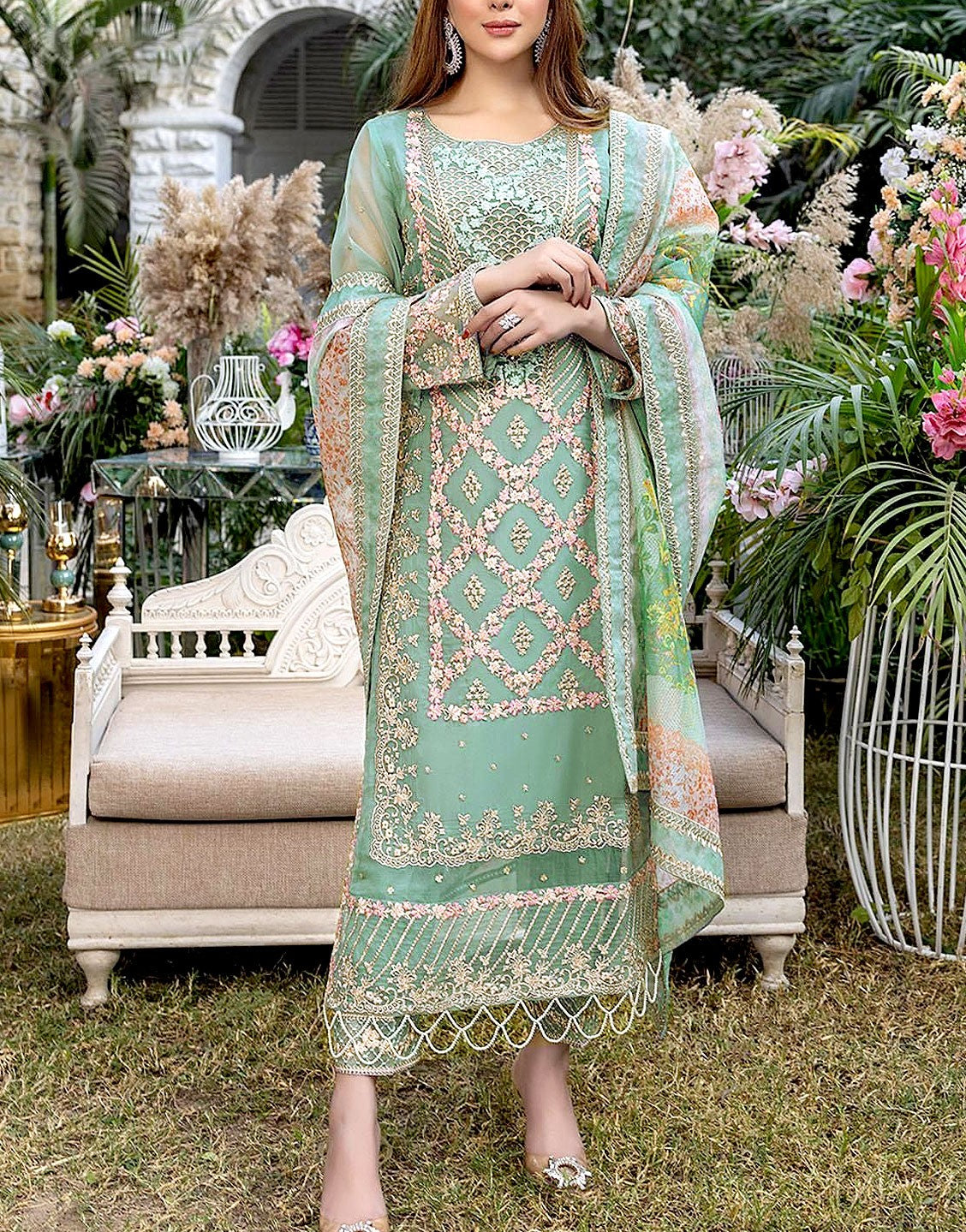 Heavy Embroidered Organza Wedding Dress  with Cotton Net Dupatta