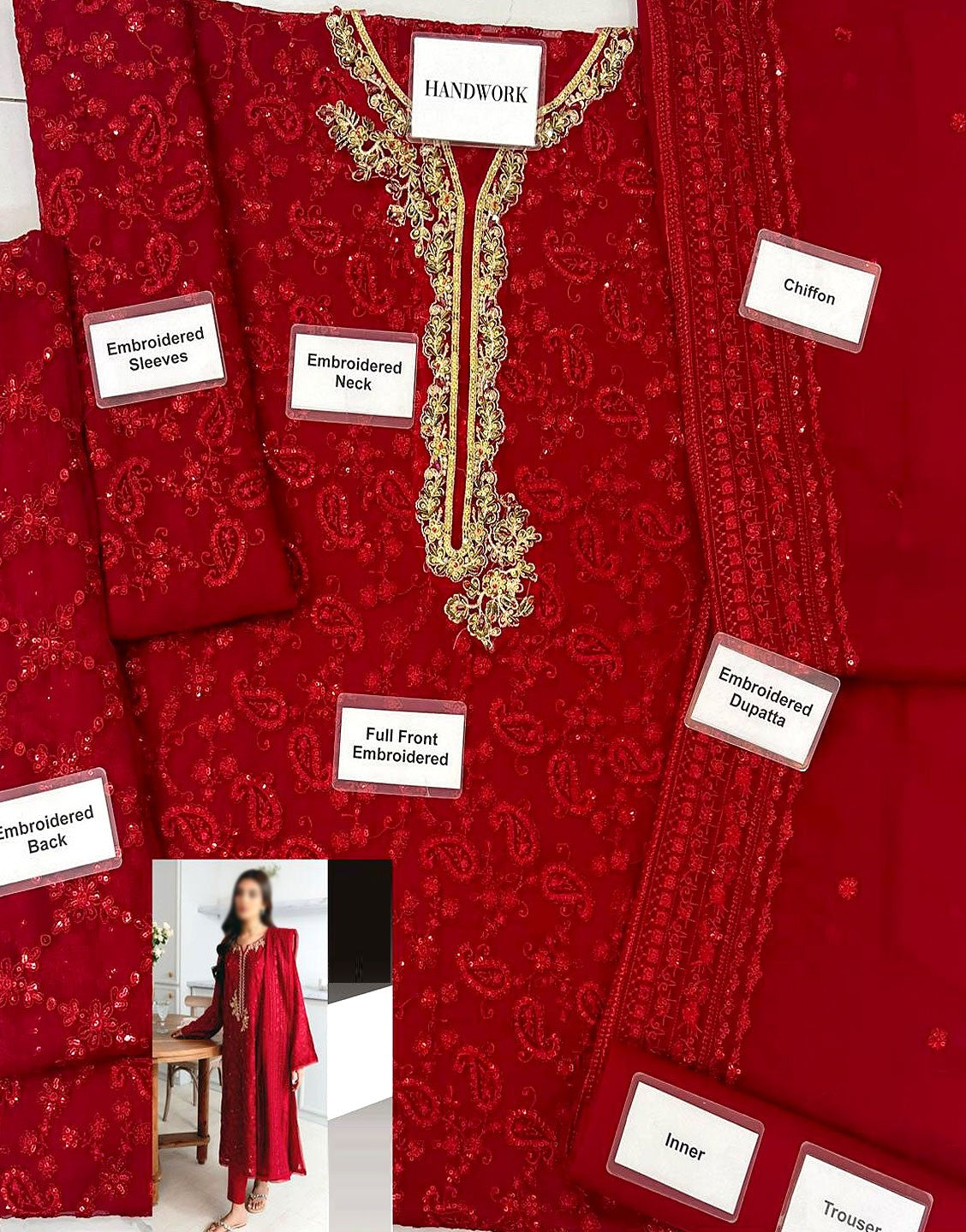 Heavy Embroidered Red Chiffon Party Wear Dress with Inner