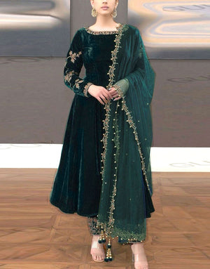 Decent Embroidered Velvet Dress with Organza Dupatta - Zinc