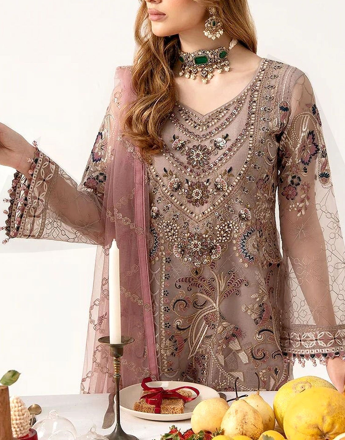 Adorable Heavy Embroidered with Handwork Chiffon Formal Dress with NET Dupatta