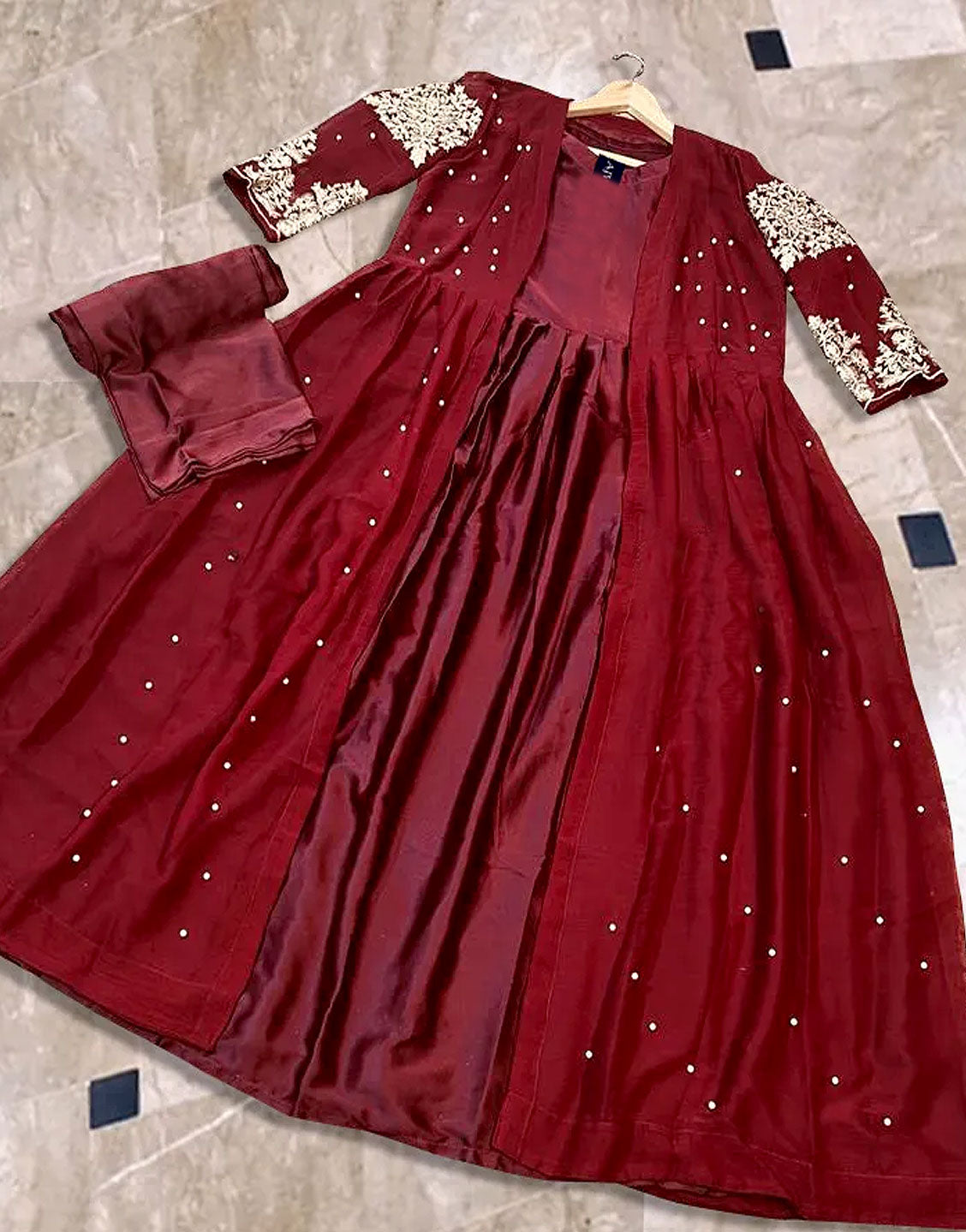 Readymade 3-Piece Silk Maxi with Embroidered Chiffon Gown