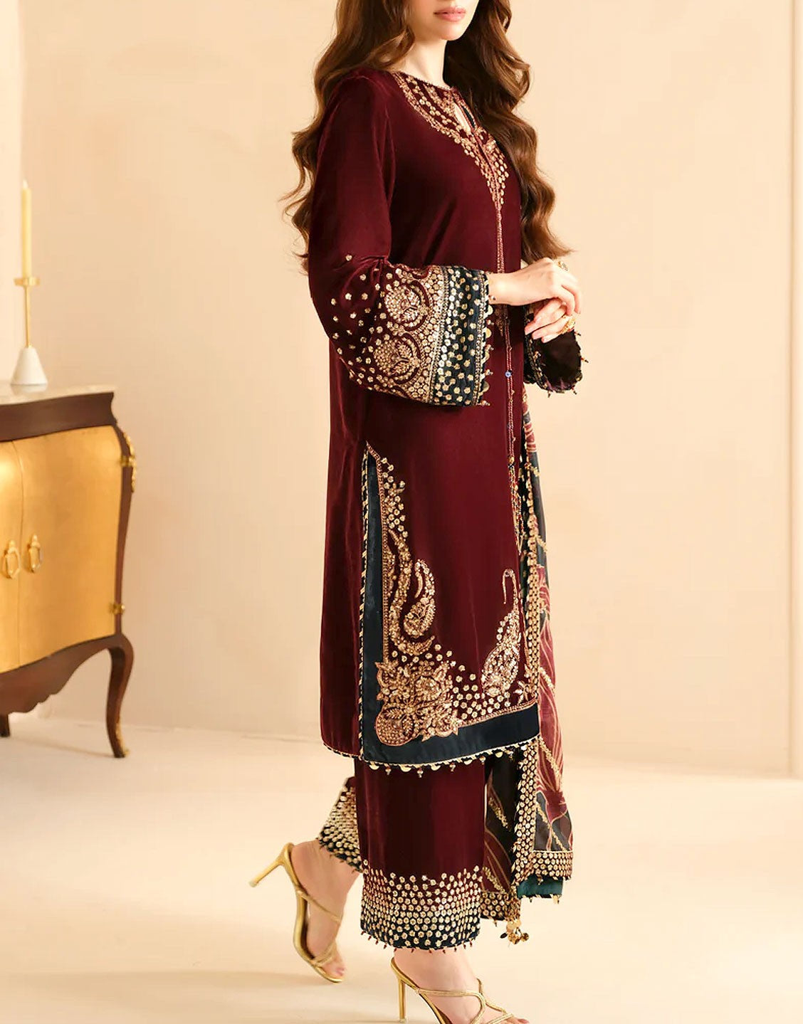 Formal Embroidered Maroon Velvet Dress with Emb. Organza Dupatta