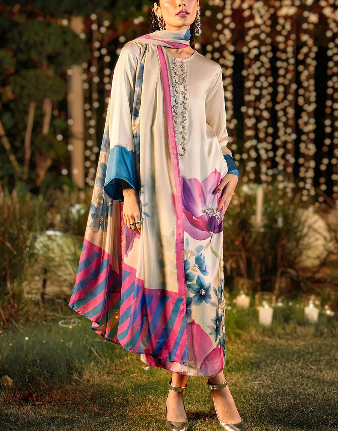 Digital Print Silk Party Wear Dress with Silk Dupatta